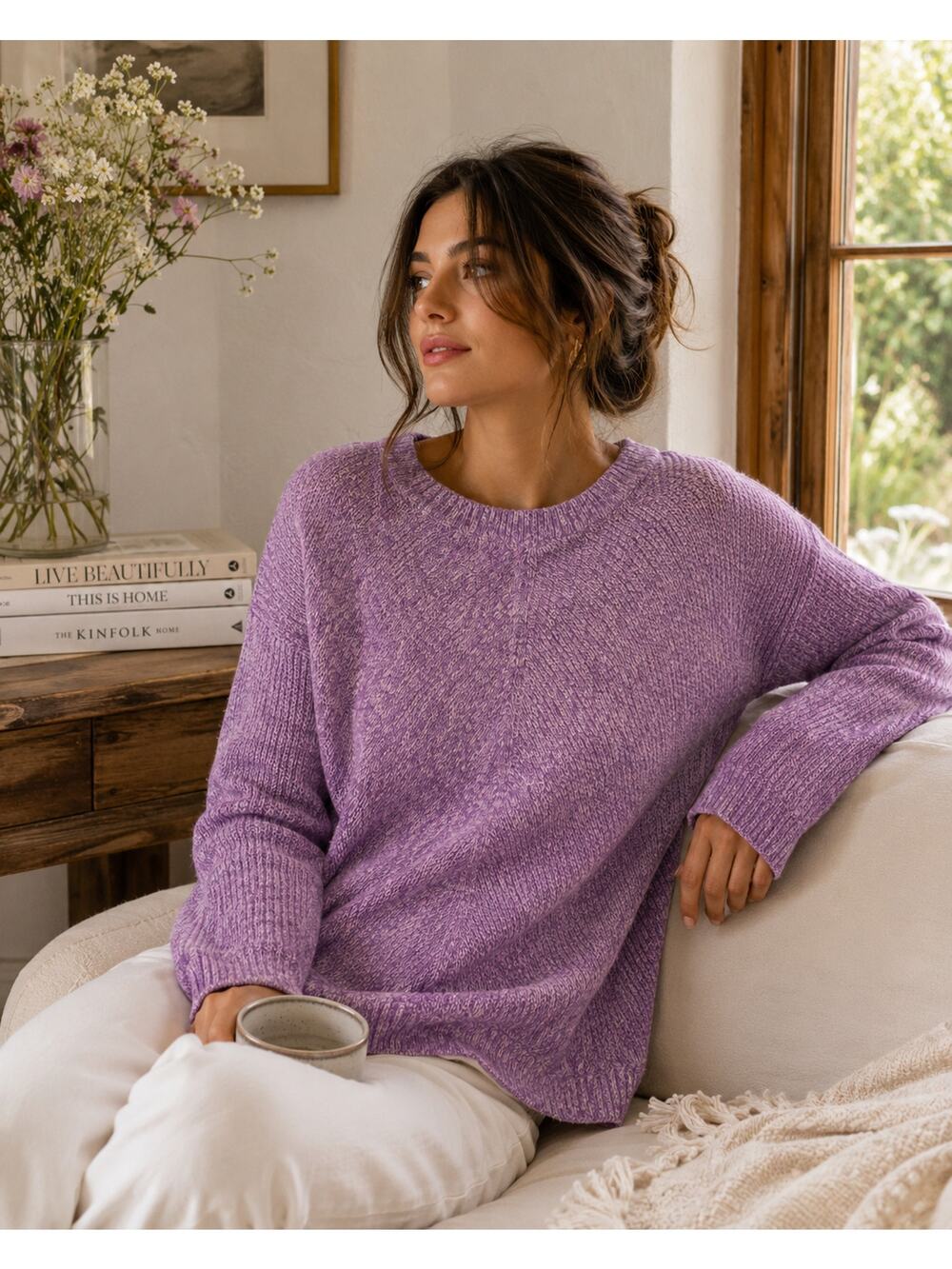 Talbots Women's Sweater Medium Heathered Purple Pima Cotton Long Sleeve Classic
